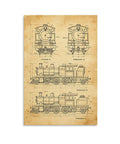 Old School Steam Locomotive Blueprint Wall Art Print Aged Paper Style Antique Train Technical Drawing Poster For Living Room Bedroom Decor Premium Canvas
