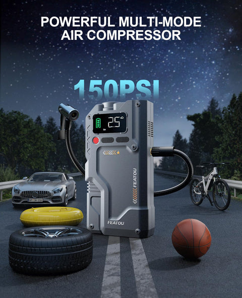 Powerful Go To Roadside Lifesaver Jump Starter With Air Compressor 5 In 1 Power Pack near car, tire, and bike
