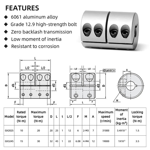 Diagram and specs of Beefy 10mm To 10mm Aluminum Rigid Shaft Coupling Clamp On With 32mm Diameter And 45mm Length High Torque Safe Recessed Screw
