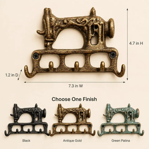 Slick Vintage Cast Iron Sewing Machine Wall Hook Rock Solid For Hanging Coats And Everyday Keys in antique gold finish, 7.3in W, 4.7in H.