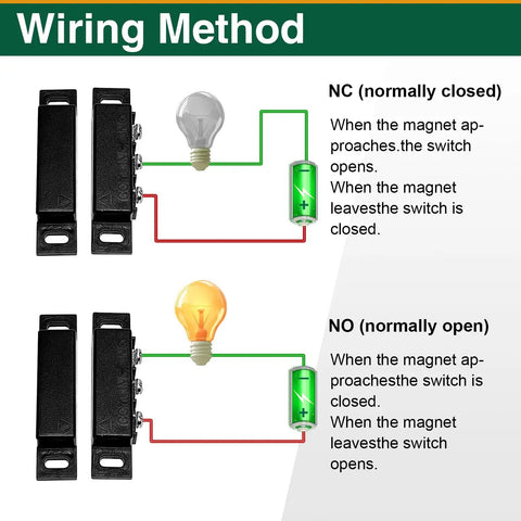 Diagram of wiring methods for Magnetic Reed Switch NO NC Wired Surface Mount Door Window Contact Sensor with lights and connections