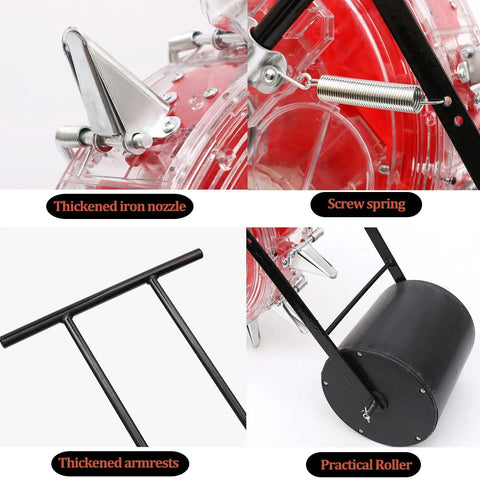 Close-up of Manual Garden Seeder With Large 16L Seed Capacity showing thickened iron nozzle, screw spring, armrests, and roller.