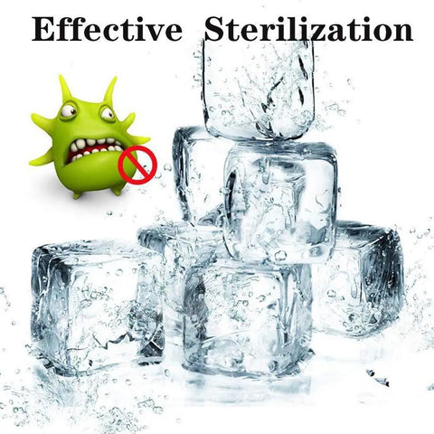Portable Countertop Ice Machine Automatic Electric Rapid Freeze Makes Three Distinct Cube Sizes In Under Fifteen Minutes With Built In Safety Shut Off Perfect Home Bar Workhorse For Weekend Hangouts And Backyard Bbqs White Finish, with ice cubes and sterilization graphic.