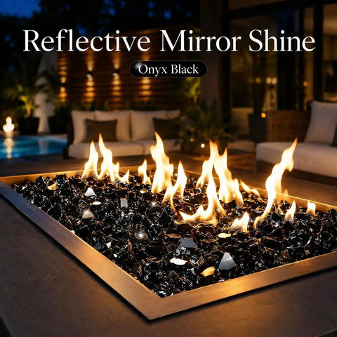 Onyx Black Fire Glass Rocks Half Inch High Luster Reflective Tempered Glass For Fire Pits And Fireplaces Indoors Or Outdoors Safe With Propane Or Natural Gas Burners 10 Pounds in a lit outdoor fire pit