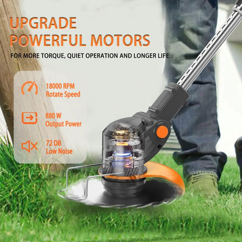 Cordless 21V Weed Eater With Stringless Design 3 Blade Types Dual 4000mAh Batteries displayed on grass with specifications
