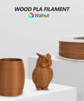 Wood Like 3D Printer Filament Dark Walnut 1.75mm PLA Real Wood Fiber Texture 1KG spool with printed owl and barrel