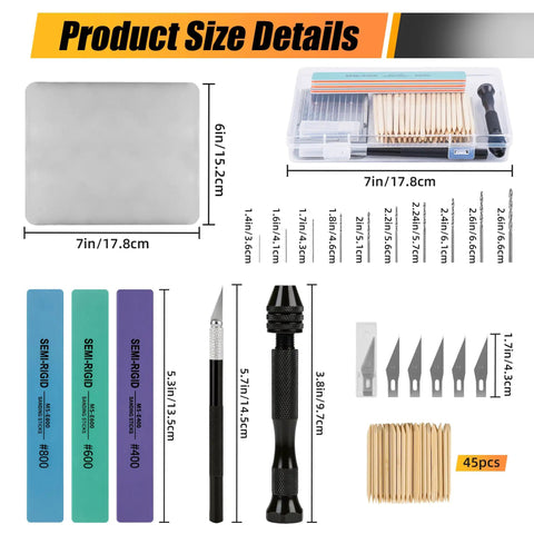 Total Game Changer Kit With Pin Vise And Ten Micro Bits And Hobby Knife And Sanding Sticks And Cleaning Cloth For Crushing Gunpla Miniature And Resin Projects That Look Totally Fresh showing size details of components.