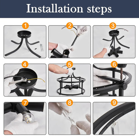 Installation steps for Six Light Black Semi Flush Mount Crystal Chandelier Modern Ceiling Light Fixture assembly.
