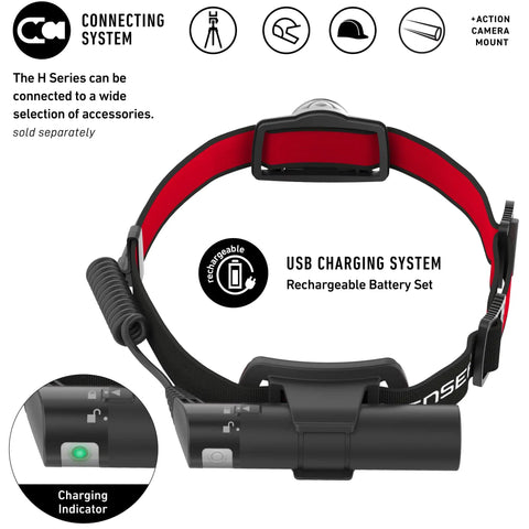 Ultimate Hands Free Headlamp Blasting Six Hundred Lumens Up To One Hundred Fifty Meters Away Great For Work Hard Hats And Nighttime Adventures With Red Rear Safety Light And Advanced Focus System Lightweight At One Hundred Fifty Eight Grams showing USB charging system and battery indicator