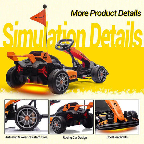 Rear view of McLaren Licensed 24V Kids Electric Go Kart With Dual 200W Motors F1 Drift Style Ride On Car, orange color.