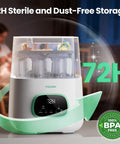 MOLWAY Bottle Washer Pro front view: all-in-one baby bottle sterilizer and dryer, white with green accents, clear lid