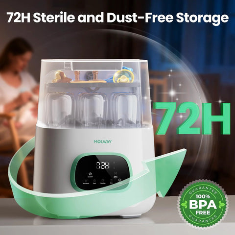 MOLWAY Bottle Washer Pro front view: all-in-one baby bottle sterilizer and dryer, white with green accents, clear lid