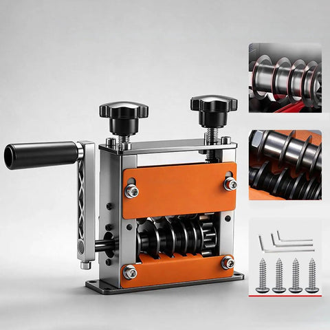 Heavy Duty Aluminum Wire Stripper Machine With Six Adjustable Holes For Stripping Copper And Aluminum Cables Efficiently Handles Multiple Wires Simultaneously with metal base and black knobs.