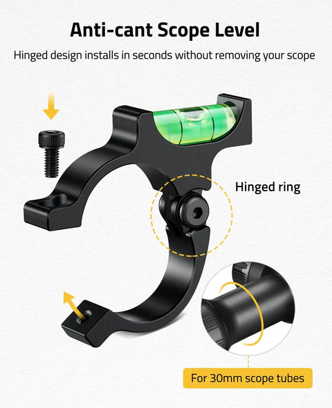 Hinged anti-cant scope level for 30mm scope tubes, part of Scope Level With 30mm Scope Rings Kit For Picatinny Rails Anti Cant Bubble Level.