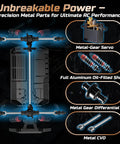 Internal metal components of All Terrain RC Monster Truck With 4WD Power, including servo, shocks, differential, and CVD.