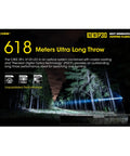Advertisement image highlighting Nitecore hunting flashlight's 618 meters ultra long throw for precise night hunts.