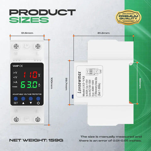Adjustable Voltage Protector Built Tough With 110V And 1 To 63A Smart Circuit Breaker Overcurrent Protection Low Voltage Cutoff 80 To 110V High Voltage Cutoff 130 To 150V DIN Rail AC Disconnect, white 51.6 x 81.2mm