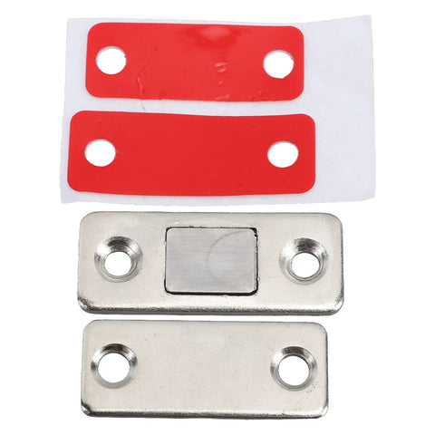 Magnetic Cabinet Catch And Door Latch Set, Super Slim Stainless Steel, 8 Pack showing adhesive backing and mounting plates