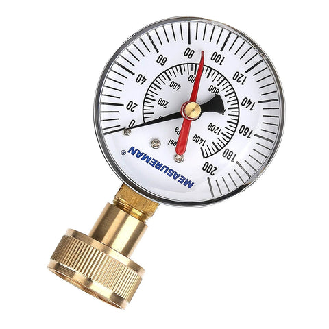 MEASUREMAN water pressure test gauge, front view, brass 3/4-inch hose thread, 0-200 psi, max pressure memory