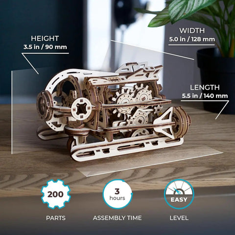 Steampunk Submarine Mechanical 3D Puzzle Kit For Adults And Teens, wooden 1:48 model, 5.5 x 5.0 x 3.5 in