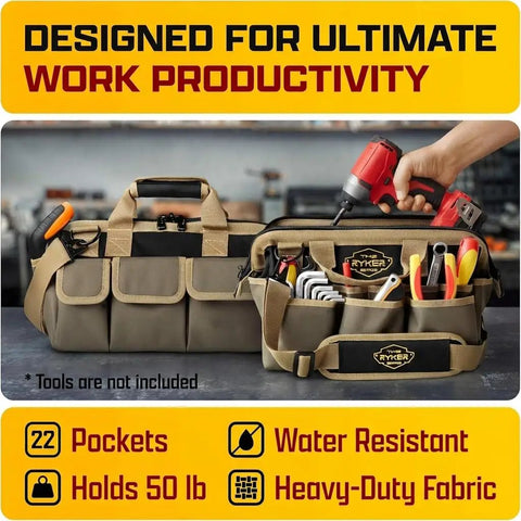 Premium 14 Inch Heavy Duty Tool Bag Organizer With Deep Storage Compartments And Quick Access Pockets Built Tough For Mechanics And Pros Khaki Job Site Hustle Ready Gear Tote