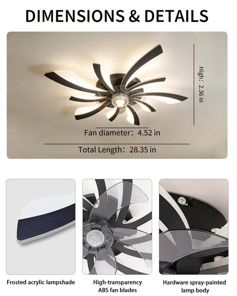 Plug-in ceiling fans with lights and remote,low profile 3 colors Dimming, featuring ABS blades, 4.52" diameter, frosted acrylic shade.