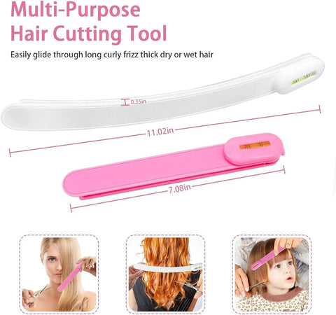 Multi-Purpose Hair Cutting Tool for precise cuts, featuring pink and white tools for easy DIY layers and fringes.