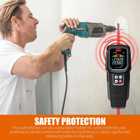 5 In 1 Stud Finder And Laser Distance Meter Pro Grade Handy Tool With HD LCD Display And Audible Alarm For Finding Center And Edge Of Wood Studs Metal And AC Wires Joists Pipes And Built In Level on wall during drilling