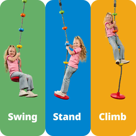 Kids Tree Swing With Disc Seat And Rainbow Climbing Rope Set Including Carabiner And 2.6 Foot Strap in use
