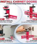 Adjustable Cabinet Hardware Jig For Precise Hole Alignment In Knobs And Handles DIY Cabinet Install Drill Guide Template with aluminum body shown in use for step-by-step cabinet door installation.