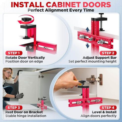 Adjustable Cabinet Hardware Jig For Precise Hole Alignment In Knobs And Handles DIY Cabinet Install Drill Guide Template with aluminum body shown in use for step-by-step cabinet door installation.