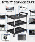 Heavy Duty 3 Tier Plastic Utility Cart On Wheels With 300 Lb Capacity And Quiet 4 Inch Casters With 2 Lockable Brakes Mobile Service Cart
