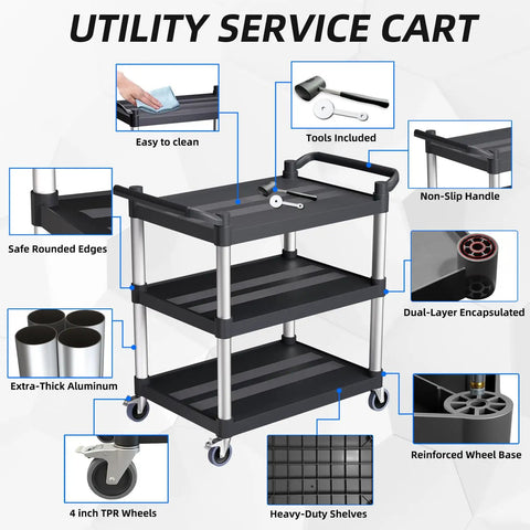 Heavy Duty 3 Tier Plastic Utility Cart On Wheels With 300 Lb Capacity And Quiet 4 Inch Casters With 2 Lockable Brakes Mobile Service Cart