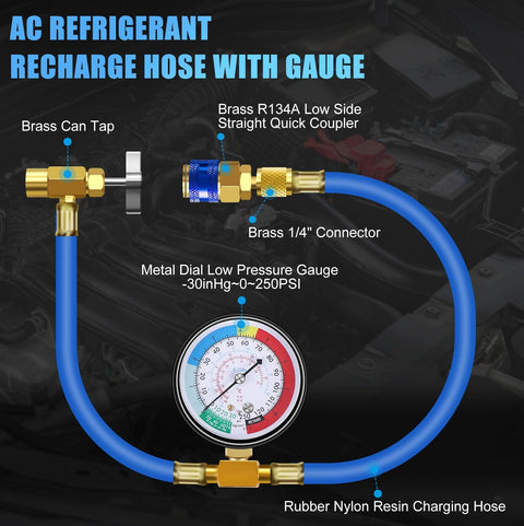 Pro Grade AC Charge Hose With Gauge For R134A Car HVAC Refrigerant Recharge Kit U Charging Hose with brass fittings and gauge
