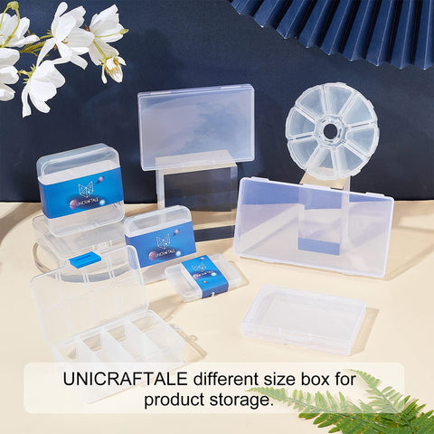 Assorted clear plastic storage boxes of various sizes for jewelry making kit organization