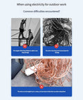 Common difficulties with cables during outdoor work, showing tangled wires and short cable lengths, highlighting issues faced.