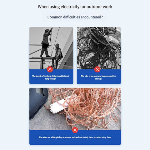 Common difficulties with cables during outdoor work, showing tangled wires and short cable lengths, highlighting issues faced.