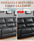 Premium Leather Recoloring Balm And Color Restorer Smooths Faded Couches Furniture Car Seats With Zero Hassle Scratch Repair Blend In Warm Tan Tone To Save Your Gear Fast, before and after image of restored black leather sofa.