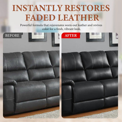 Premium Leather Recoloring Balm And Color Restorer Smooths Faded Couches Furniture Car Seats With Zero Hassle Scratch Repair Blend In Warm Tan Tone To Save Your Gear Fast, before and after image of restored black leather sofa.