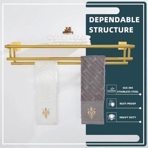 Brushed Dark Gold Stainless Steel Towel Rack With Shelf For Bathroom SUS 304 Hand Towel Holder Wall Mount 27.56 Inches