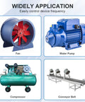 Diagram showing fan, water pump, compressor, and conveyor belt controlled by Beefy 220V VFD Inverter For Motor Speed Control 50 Or 60 Hz