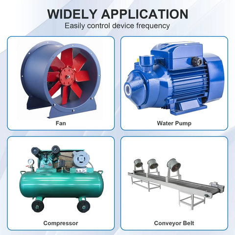 Diagram showing fan, water pump, compressor, and conveyor belt controlled by Beefy 220V VFD Inverter For Motor Speed Control 50 Or 60 Hz