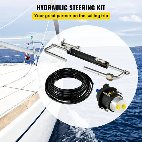 Hydraulic Outboard Steering Kit For 90HP Motors With Helm Pump Cylinder Marine Steering System Upgrade Durable Aluminum Alloy Casing Built In Two Way Lock Strong Nylon Hose Easy Installation displayed on sailing boat