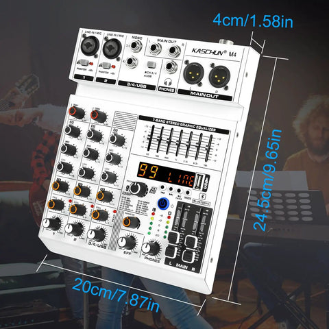 4-Channel Audio Mixer With Bluetooth And 99 DSP Effects, 7-Band EQ, 48V Phantom Power, USB Audio Interface for versatile use.