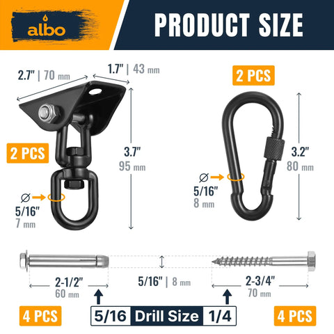 Heavy Duty Ceiling Mount Swing Hangers Two Pack With 360 Degree Swivel Carabiners 2650 Lbs Capacity Solid Steel Construction product size