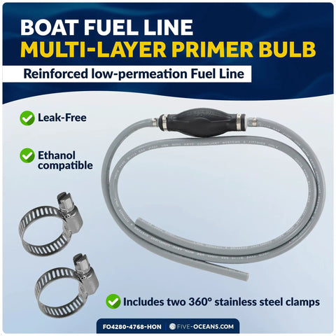 Marine Boat Fuel Line Kit With Primer Bulb For Honda Outboards 3/8 Inch By 6 Foot Heavy-Duty Marine Grade Fuel Line Assembly EPA CARB Approved Includes Brass Tank Connector And Stainless Clamps, showing hose and clamps.