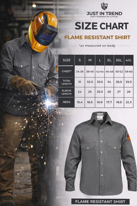 Flame Resistant Shirt, 100 Percent Cotton Twill, Lightweight 7 Ounce, Khaki Large, Arc Flash Rated ATPV 11 Cal per cm2 size chart