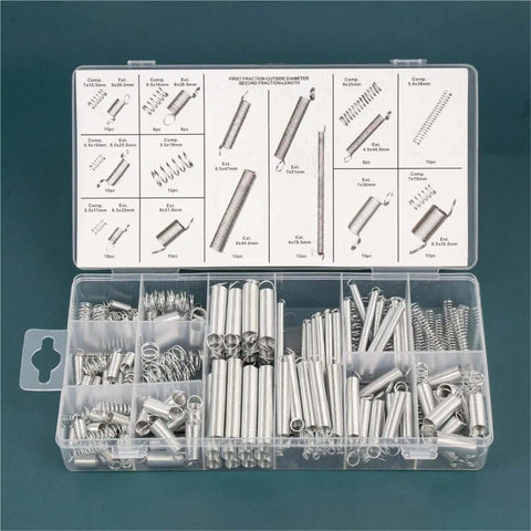 Durable 200Pcs Galvanized Steel Spring Assortment Kit Featuring 20 Sizes Of Compression And Extension Springs Perfect For Auto Repairs Home Makeovers And Heavy Duty Mechanical Fixes You Gonna Love This Set., clear case with assorted galvanized steel compression and extension springs