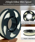 250g Mini Spool for 3D Printing showing precise dimensions, compatible with universal FDM printers, inner diameter 2.36in, outer 5.91in.