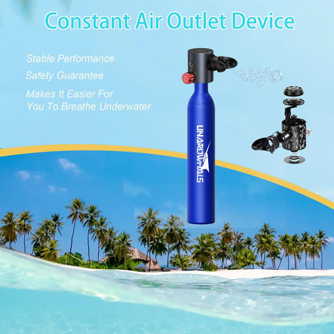 Ultra Portable Mini Scuba Tank for Quick Dives, 0.5L Capacity, blue aluminum cylinder against tropical ocean background